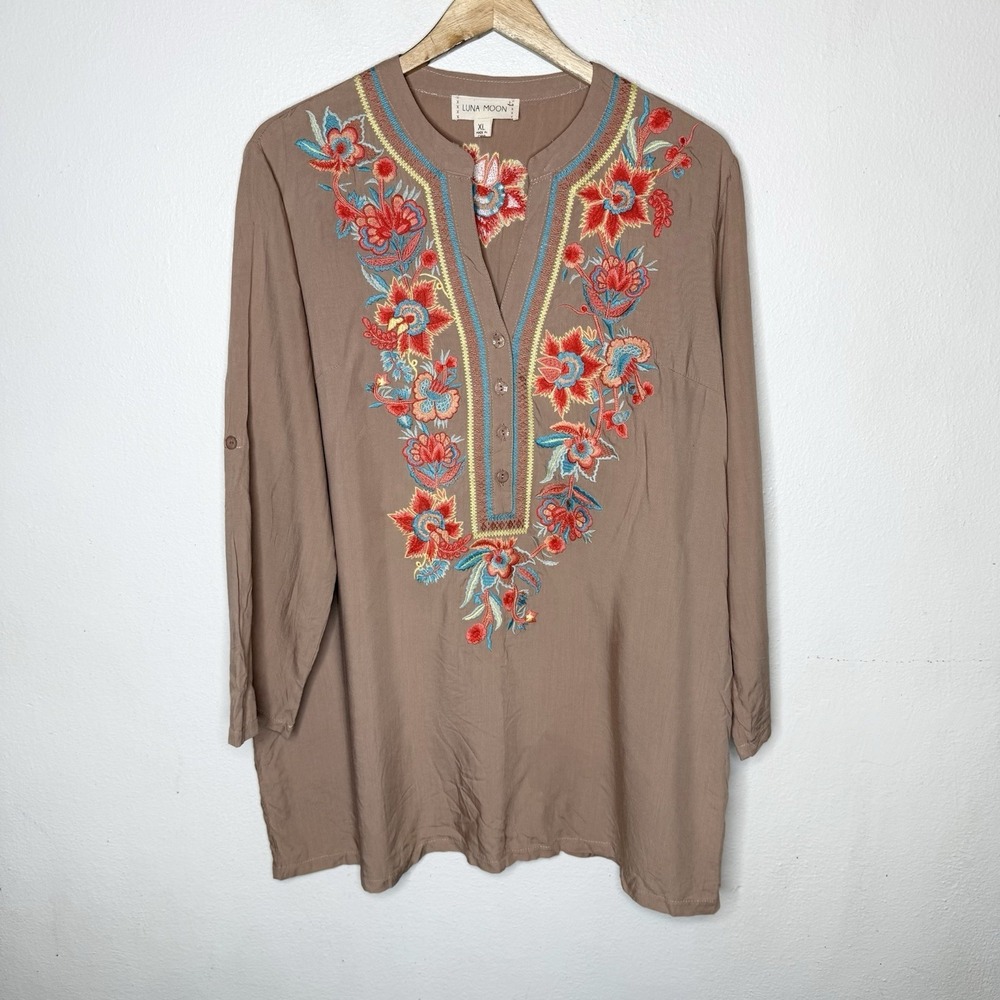 Luna Moon Brown Floral Embroidered Red Yellow Tunic Top Boho Shirt Womens XL